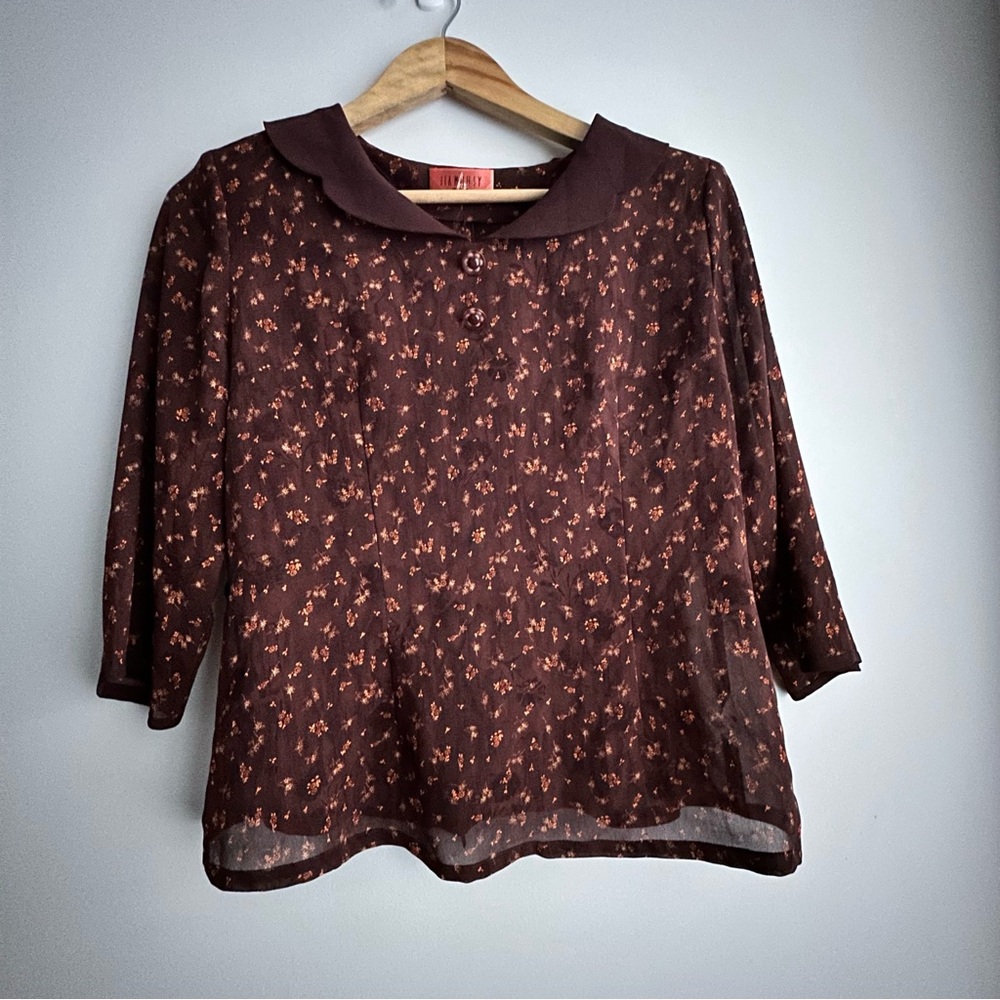 Vintage Women's Brown Floral Blouse 3/4 Sleeve Peter Pan Collar